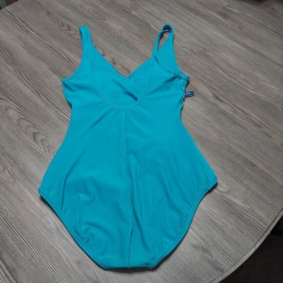 Jantzen Classics Women's Teal Ruched Hi-Cut V-Neck One-Piece Bathing Swimsuit - Picture 4 of 8